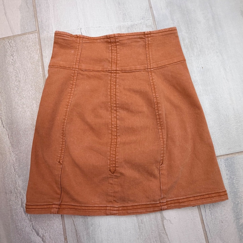 Free People High Waisted Denim Mini Skirt Rust Orange Size 2 Side Zip Slit
